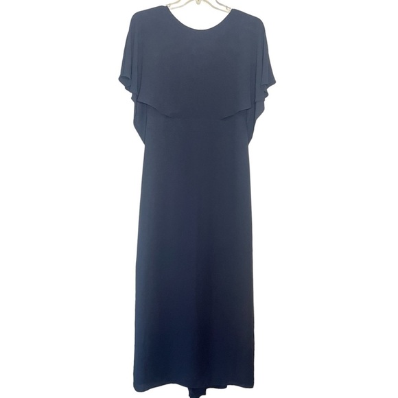 Halston Heritage Drape Back Cape Sleeve Ruffle Slit Navy Gown Maxi Dress 8 - Picture 4 of 13